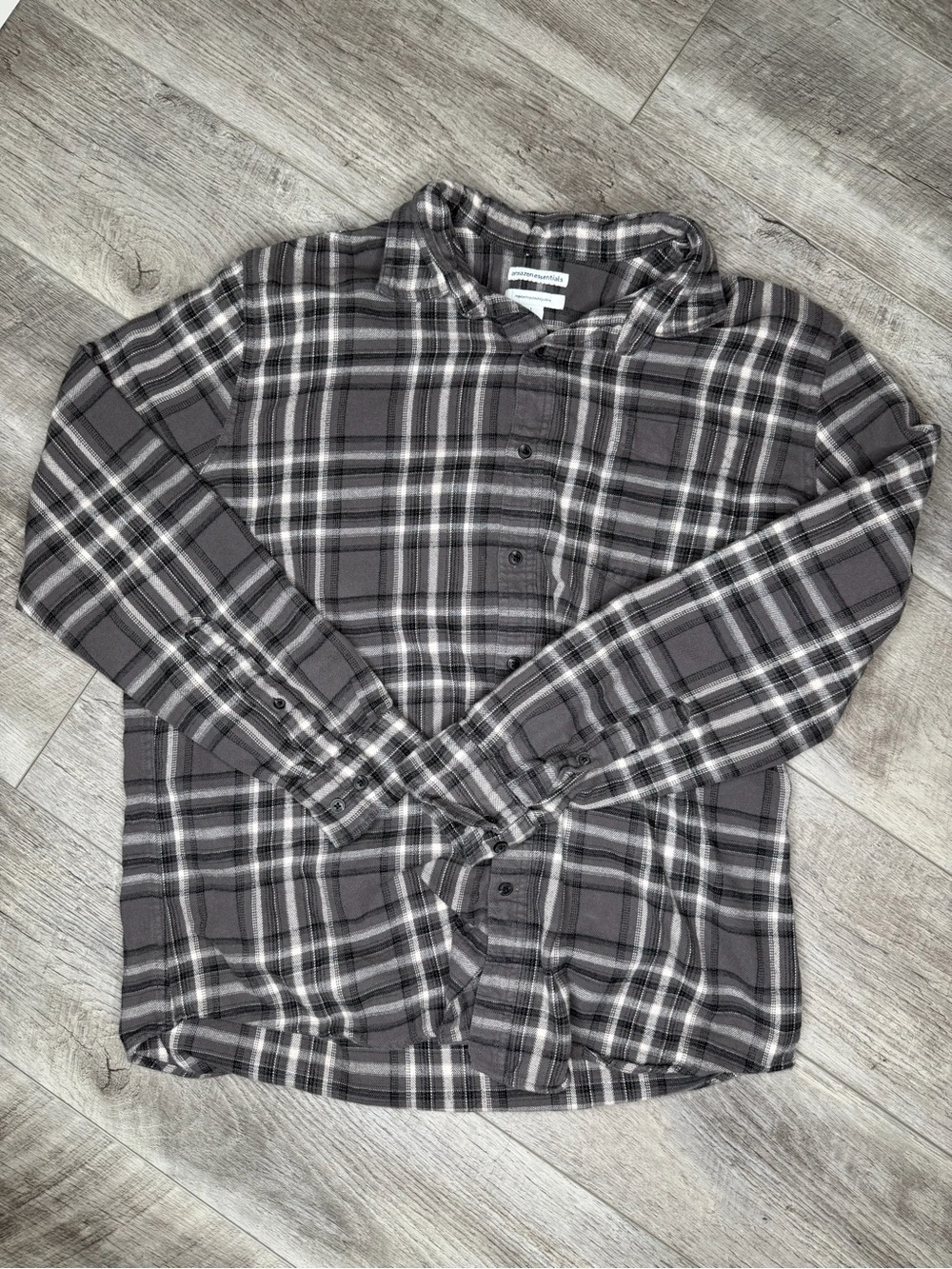 Amazon Essentials Gray and Black Plaid Button Down Shirt